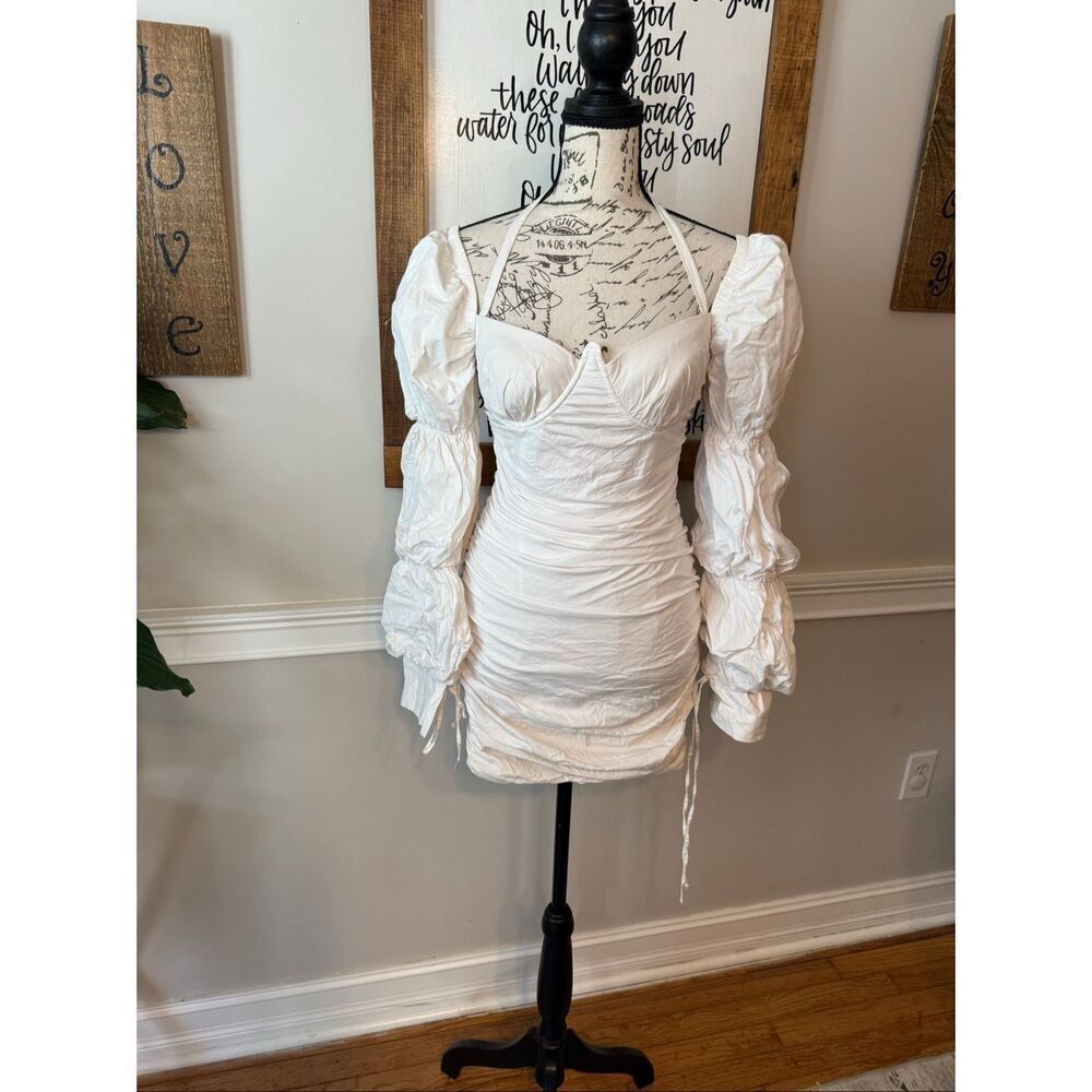 Oh Polly Women's Ruched Long Puff Sleeve Halter Mini Dress Oyster White Size 6